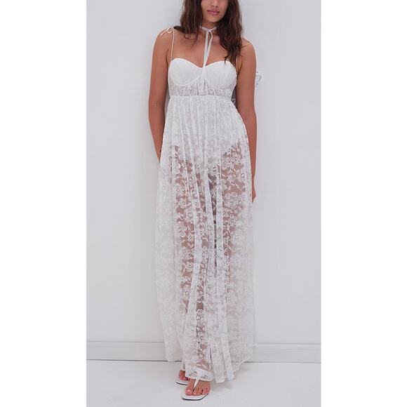 For Love And Lemons Dresses & Skirts - NWT For Love & Lemons Lorena White Lace Bodysuit Maxi Dress Size S